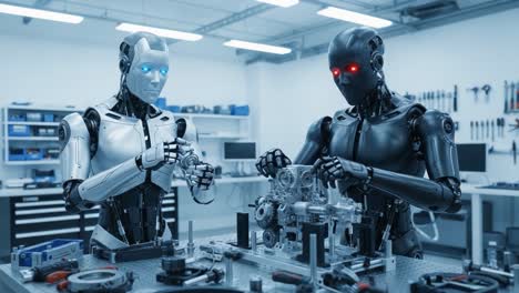 collision of technology and innovation: two robots collaborating to assemble mechanical components in a modern workshop setting
