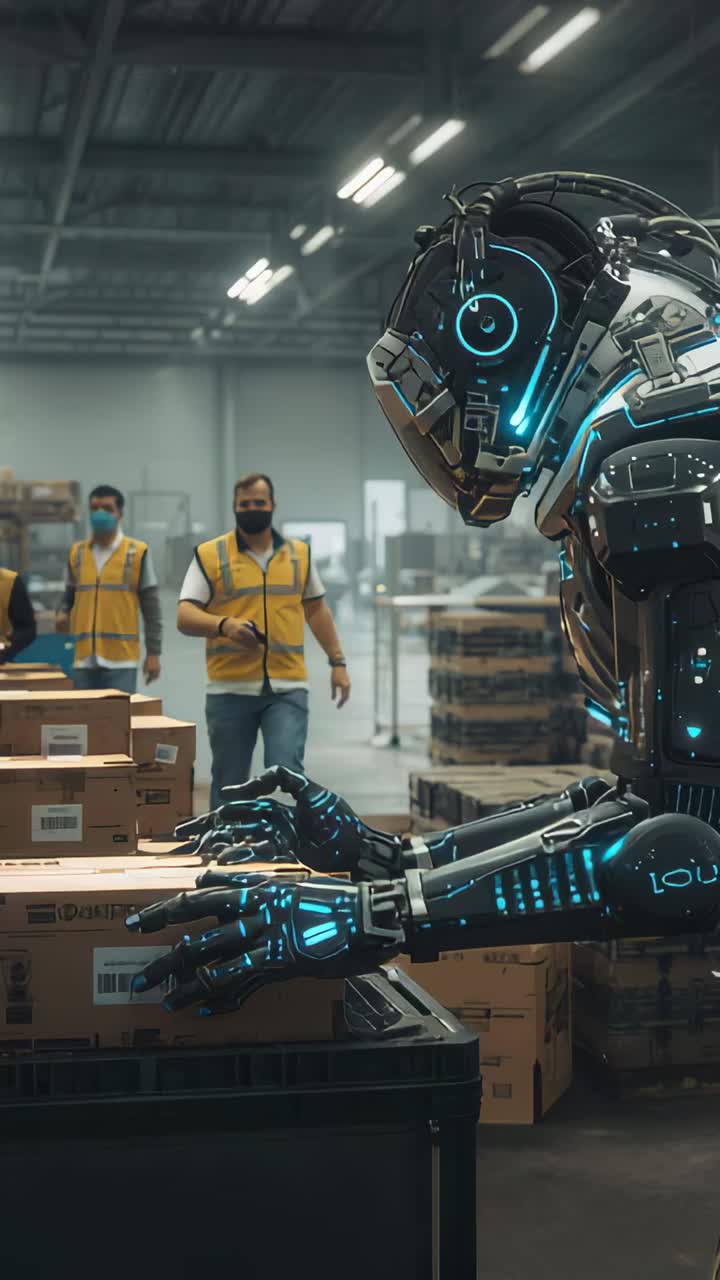 Vertical video: On arrival bot placing boxes into tote at pack bay staff in hivis vests, copy space