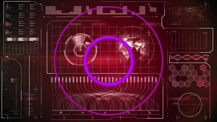 Animation of purple lines and circles over digital interface with data processing