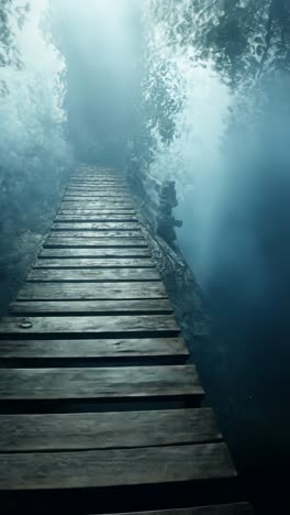 wooden pathway leads through misty waters in a tranquil setting