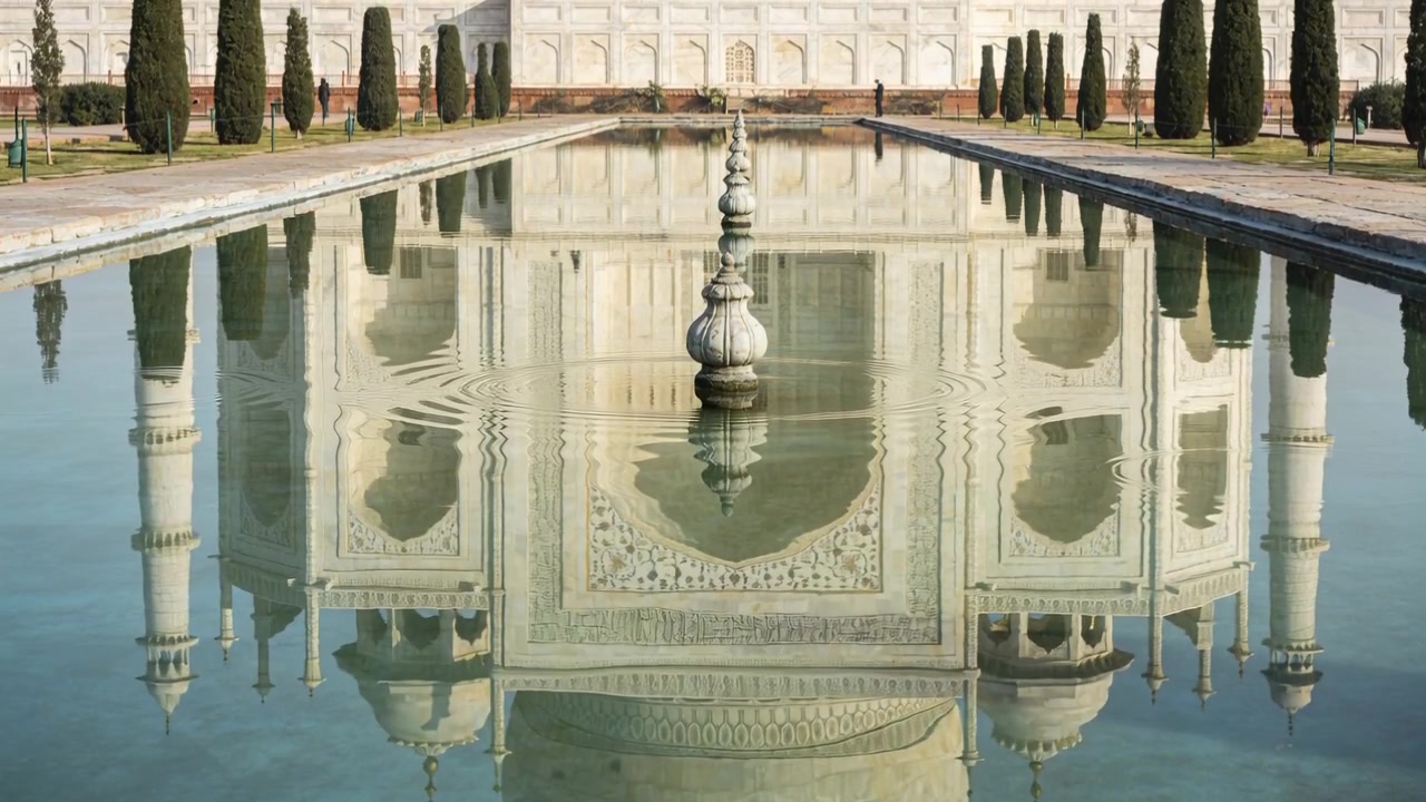 Fontana centrale zampillante che crea increspature, distorcendo il riflesso di un mausoleo di marmo nella vasca del monumento.