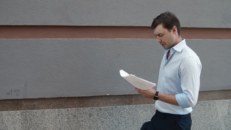 Closeup businessman reading papers outdoor. Man throwing documents at street