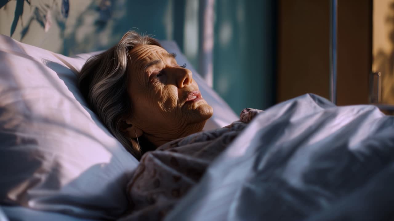 Soft light falls gently on a woman's face. She lies in bed, eyes half-closed, peaceful and weary. Her expression suggests quiet discomfort or recovery. Sunlight filters through a window