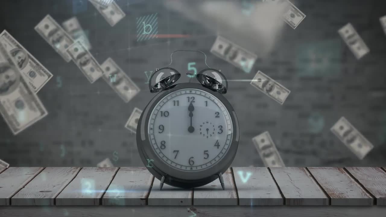 Animation of data processing over clock and banknotes