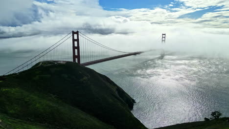 Drone-shot-approaching-a-fog-covered-bridge-in-California