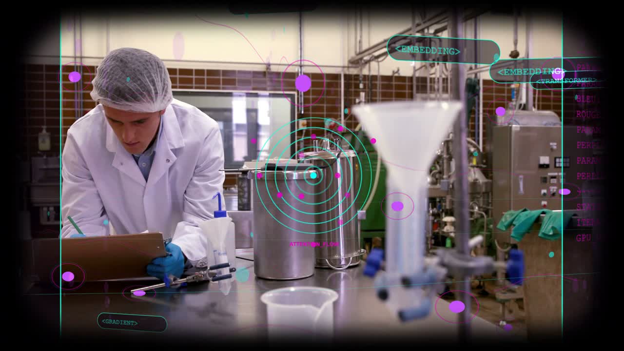 HUD shifting, technician stepping to lab bench, inspecting funnel, logging process on clipboard