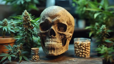 skull among cannabis plants