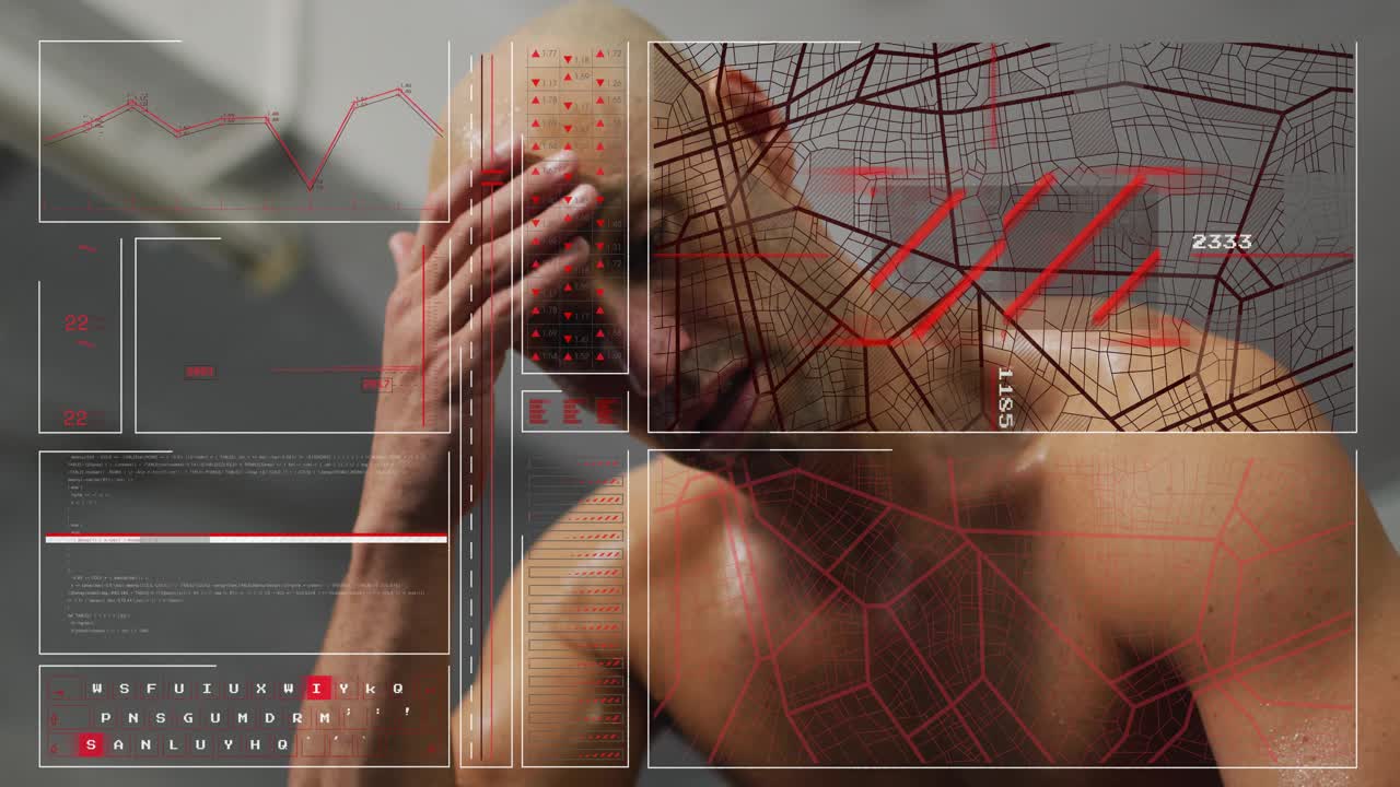 Fitness athlete post-exertion, raising hand to head with HUD overlaying map and updating telemetry
