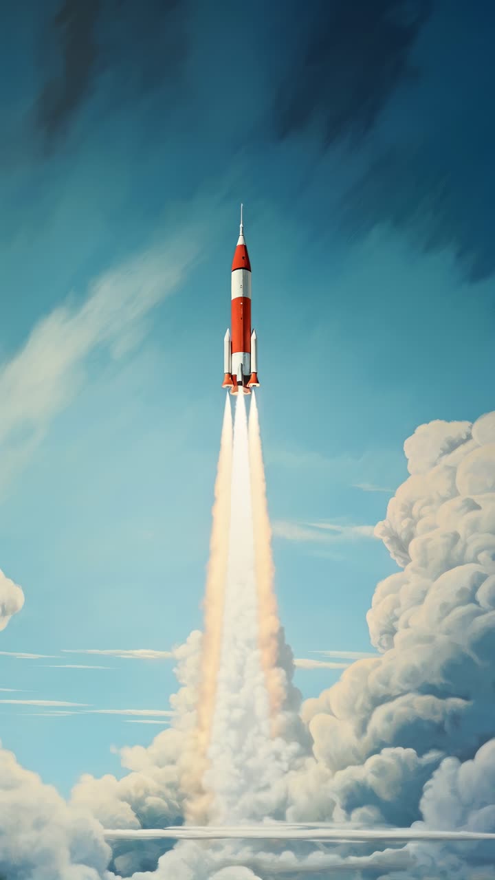 A vertical video shot of a rocket launching into a clear sky, surrounded by clouds