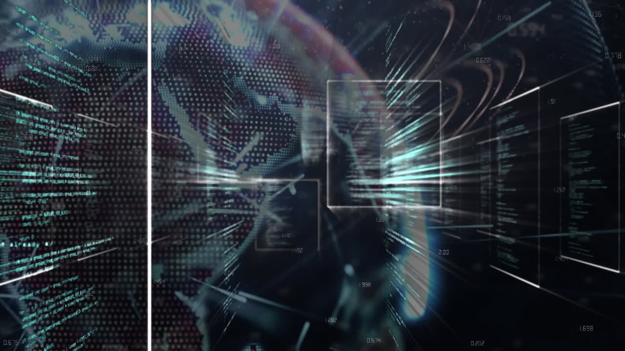 Animation of interface with data processing against light trails over spinning globe