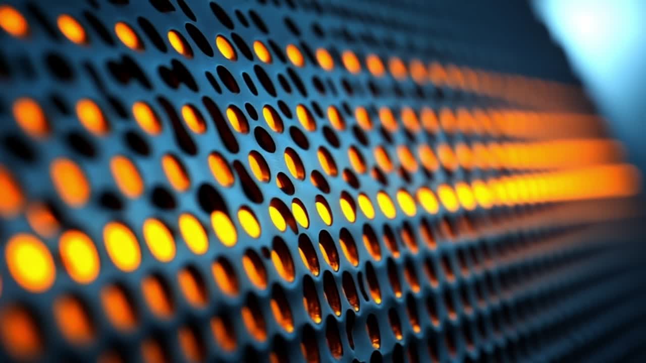 Glowing patterned metal panel. Close-up view of a textured metal panel with circular perforations reflecting warm glowing light in a creative design.