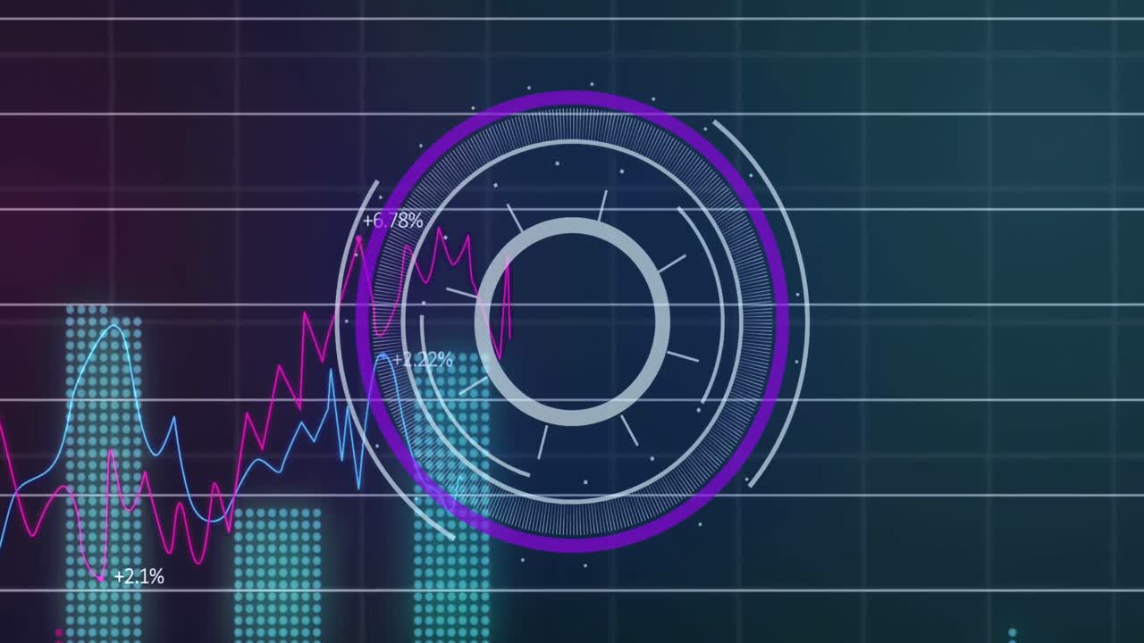 Animation of round scanner spinning over statistical data processing against green background