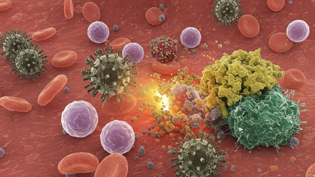 Detailed Visualization of Microbial Interactions Within the Human Bloodstream, Highlighting Diverse Immune Responses Against Pathogens and Cellular Defense Mechanisms