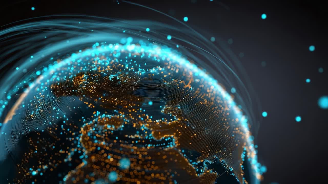 Futuristic animation of a glowing digital earth globe rotating in space. Showing Europe and Africa with abstract lines and particles representing a worldwide network for technology and communication