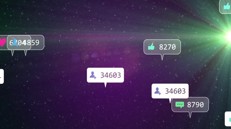 Animation of social media icons and numbers on white and grey banners over stars on glowing sky