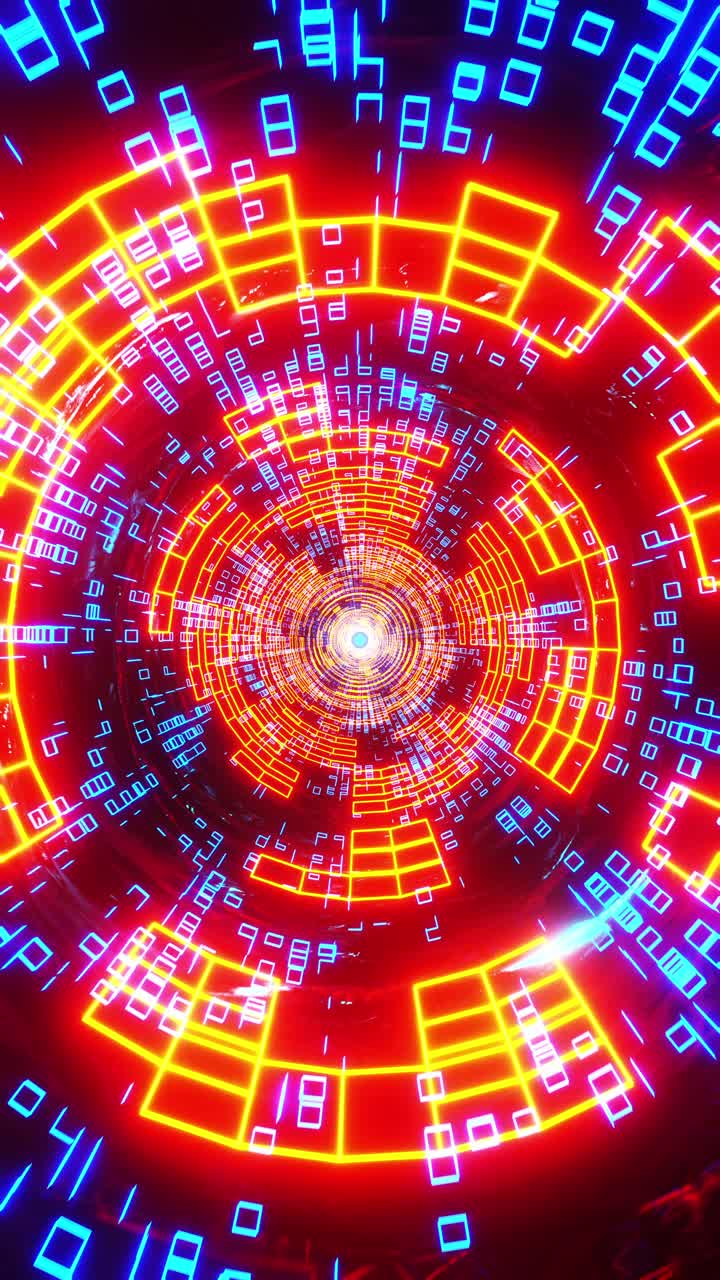Volo attraverso un tunnel al neon con anelli. Video in loop verticale