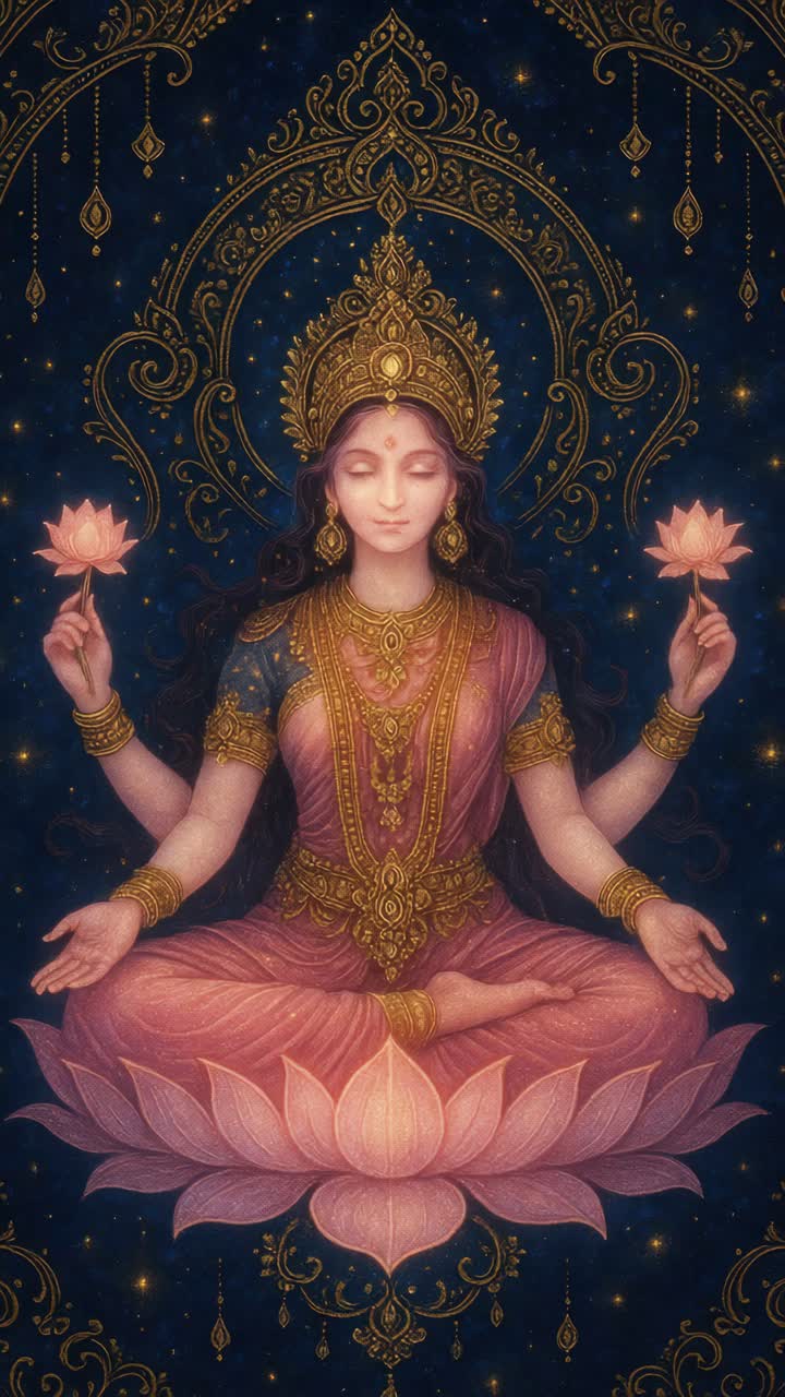 A mystical video concept featuring a serene goddess in lotus pose, adorned in gold, viewed