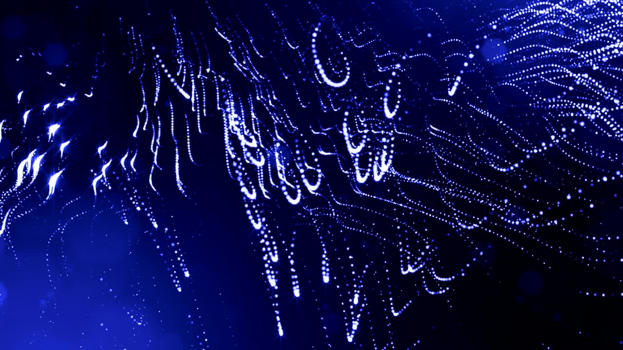 3d render loop animation of glow particles form oscillating lines as swinging garland as holyday background or abstract background of particles with depth of field and bokeh like vj loop. Blue 7