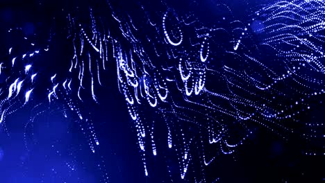 la animación de bucle de renderizado 3d de las partículas de brillo forma líneas oscilantes como guirnalda oscilante como fondo festivo o fondo abstracto de partículas con profundidad de campo y bokeh como bucle vj. azul 7