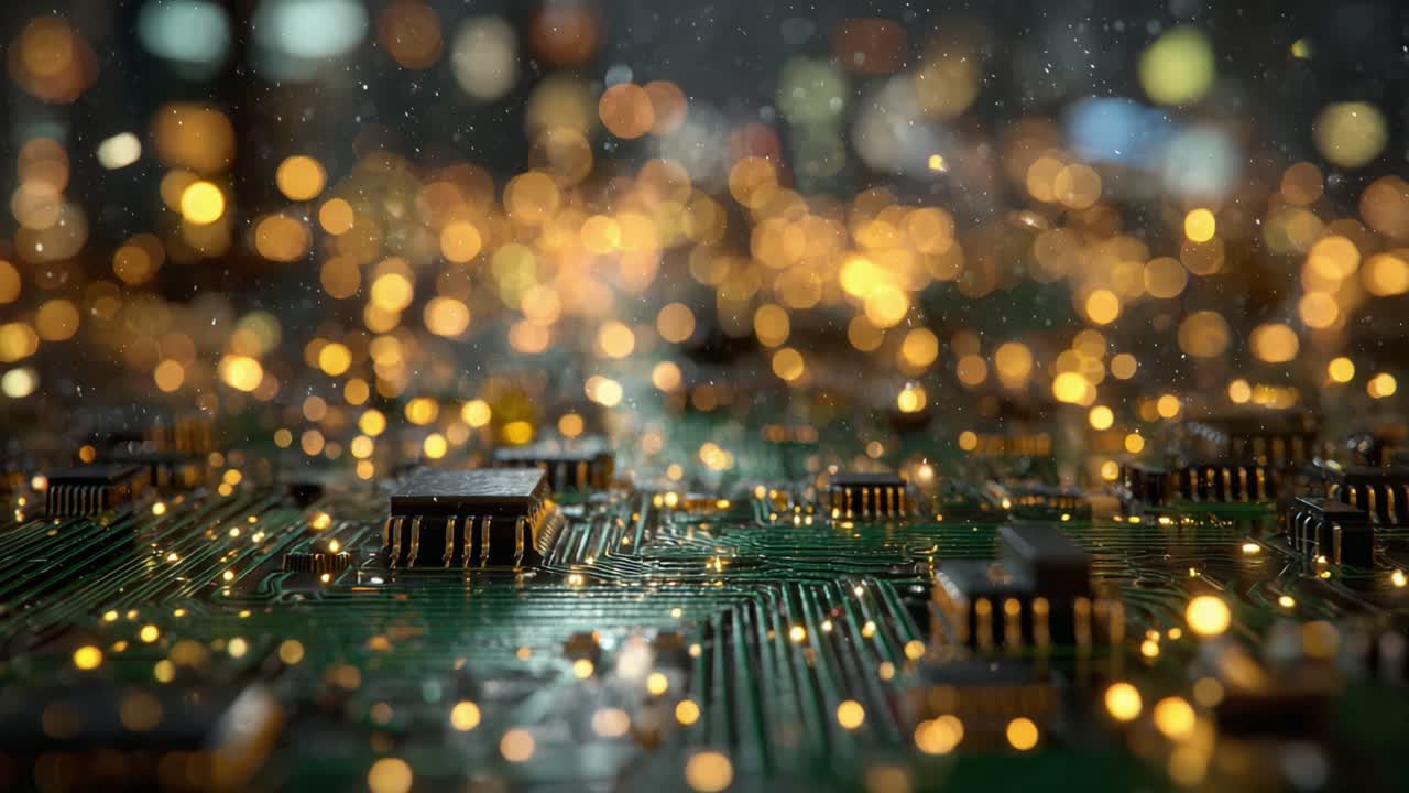 A mesmerizing close-up view of a vibrant circuit board illuminated with golden bokeh lights, showcasing intricate details and the beauty of electronic components interacting with soft glows