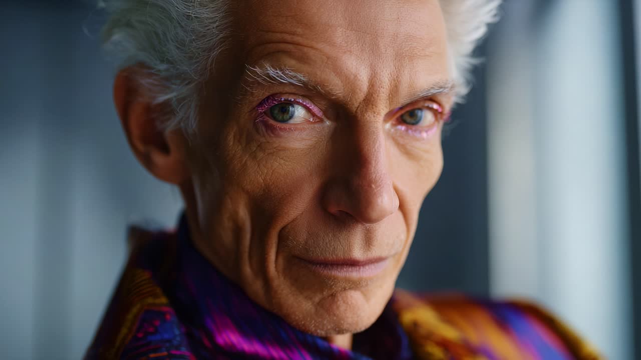 Un ritratto sorprendente di una persona espressiva con trucco colorato, che mette in mostra caratteristiche uniche e un abbigliamento vivace, il tutto su uno sfondo leggermente sfocato