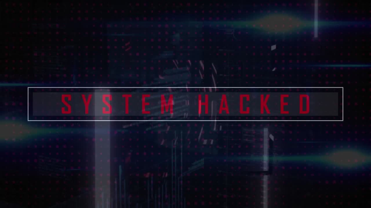 Animation of red system hacked text and lens flare over abstract background