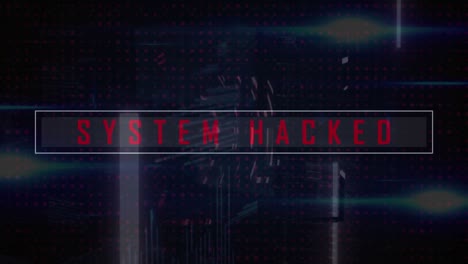 animation of red system hacked text and lens flare over abstract background