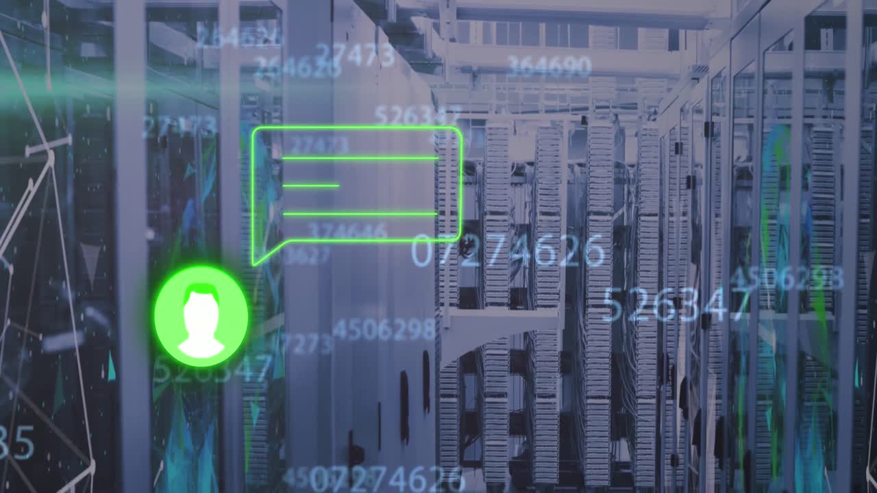 animación del perfil y el icono del mensaje sobre múltiples números cambiantes contra la sala del servidor