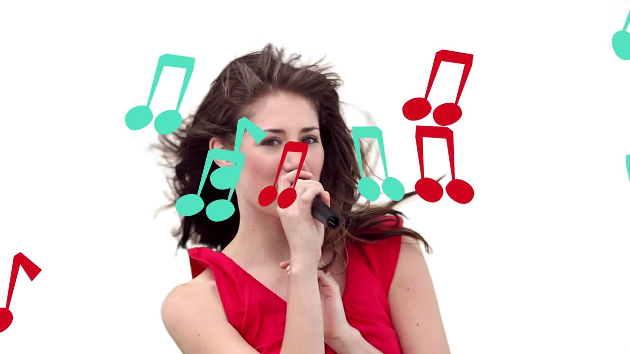 코카시안 여성 노래 위에 떠다니는 음의 애니메이션