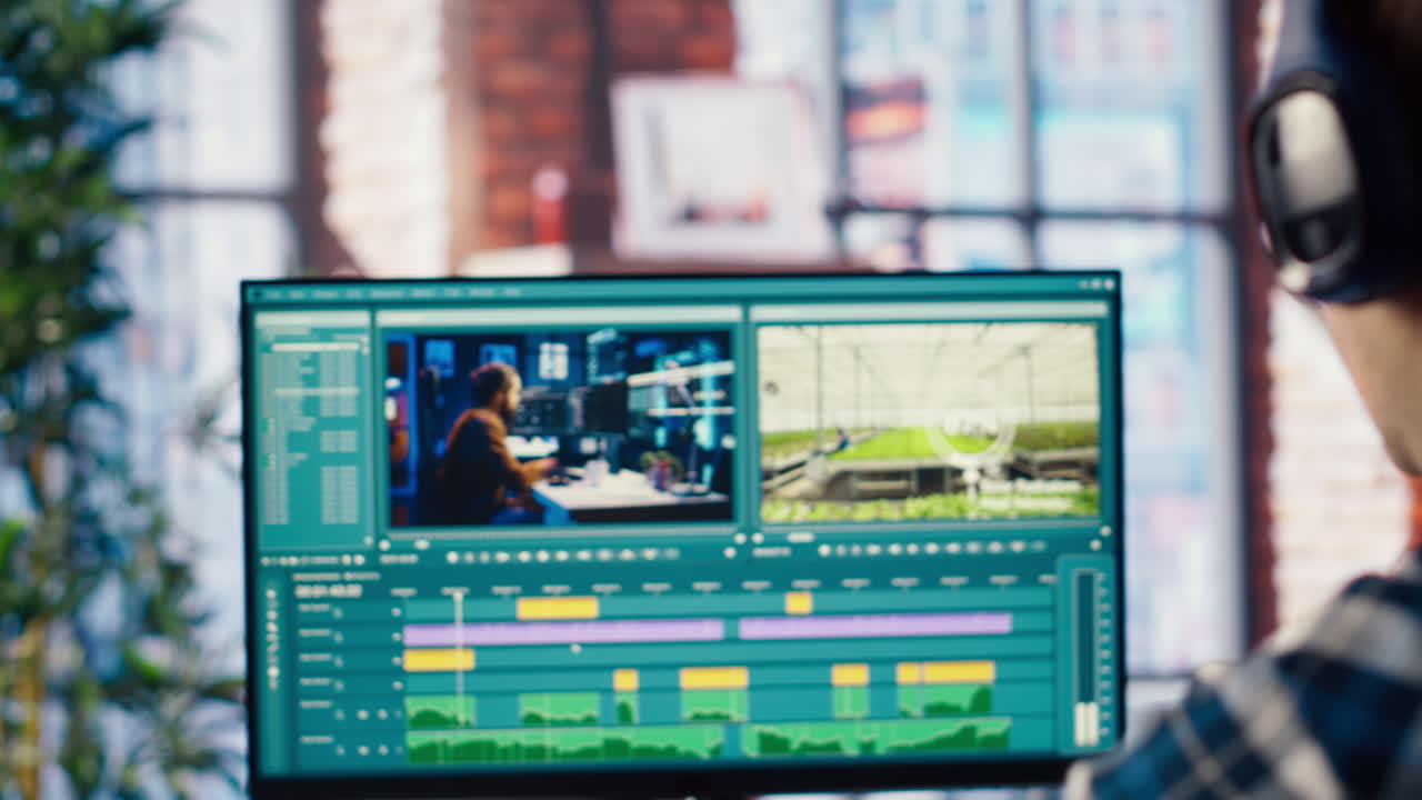 editor de video edición clasificación de colores en la oficina de casa creativa, zoom en el disparo