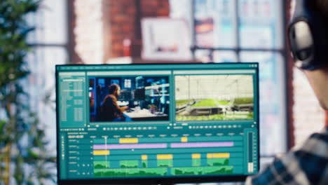 video editor editing color grading in creative home office, zoom in shot