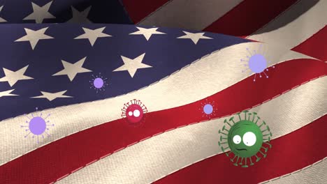 Animation-Von-Viruszellen,-Die-Sich-über-Die-Flagge-Der-Vereinigten-Staaten-Von-Amerika-Bewegen