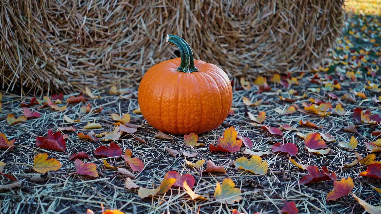 Low-angle video shot of a pumpkin on a bed of colorful autumn leaves, set against hay bales