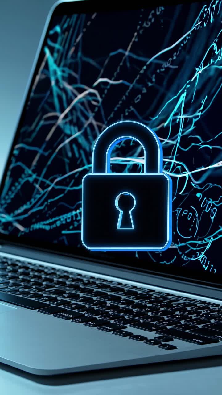 Laptop with a glowing blue lock graphic