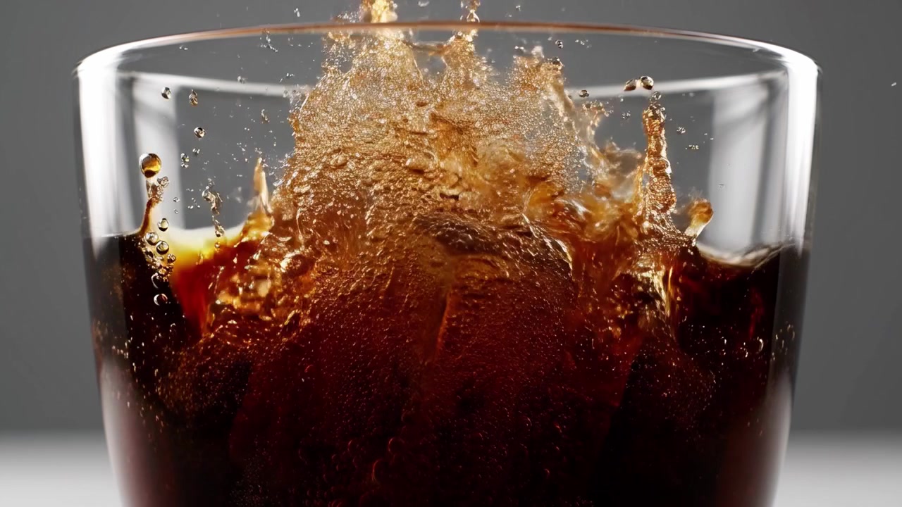 コーラのグラスに落ちる氷