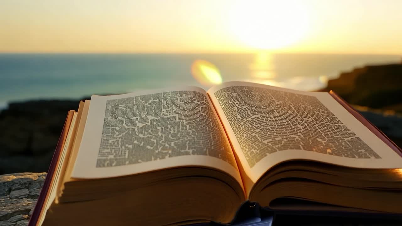 Open book resting on rocks, soaking up sunlight by the ocean during a serene sunset. Golden hour casts a warm glow