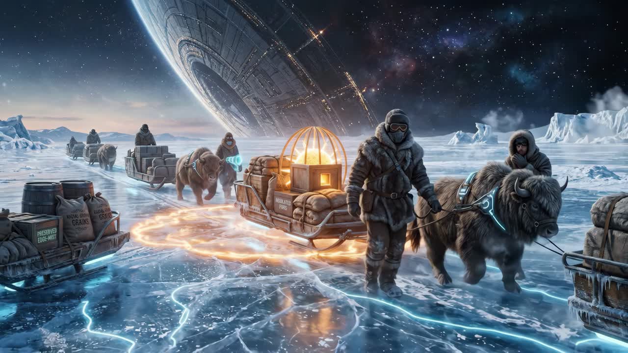 Futuristinen retkikunta jakkien kanssa jäätyneellä vieraalla planeetalla.