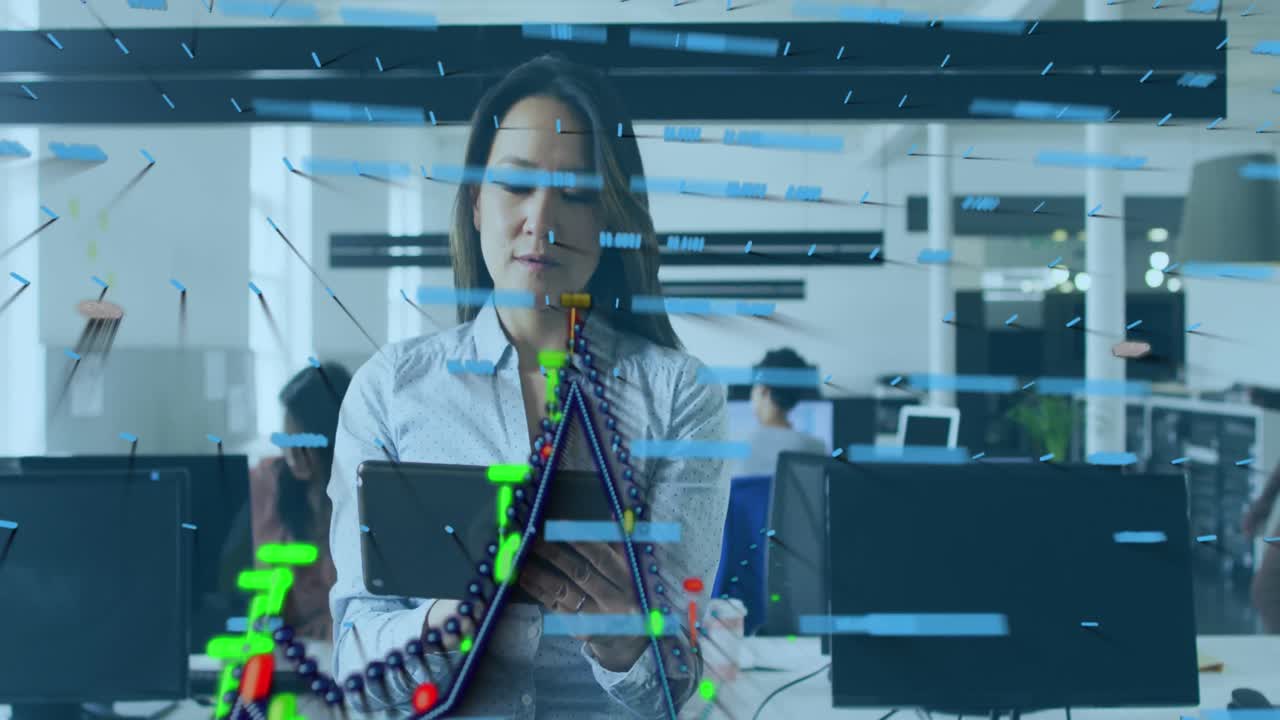 animación de datos financieros y gráficos sobre mujer asiática que trabaja en la oficina