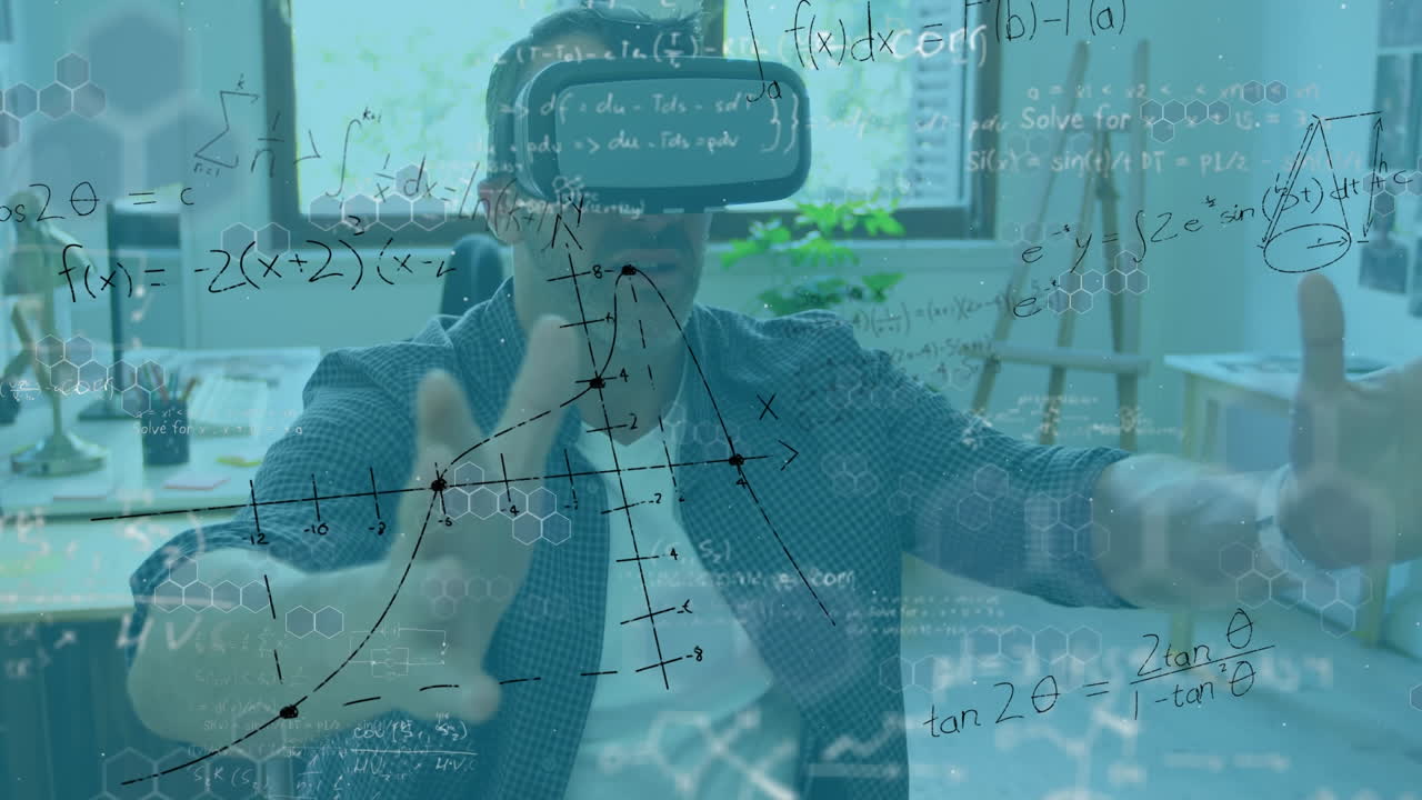 Animation of mathematical equations over businessman wearing vr headset in office