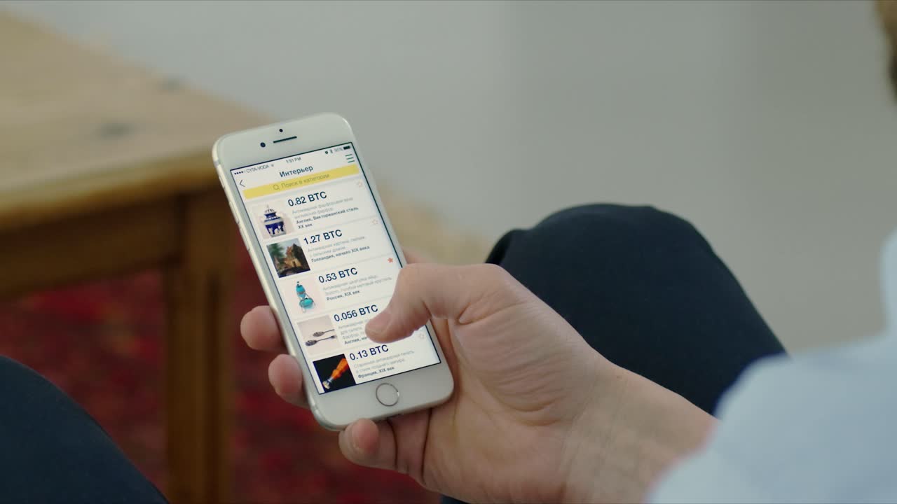 persona que utiliza un teléfono inteligente para comprar en línea, mostrando listas de productos de diferentes artículos.