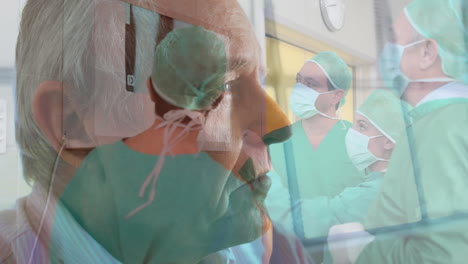 animación de un hombre mayor sobre médicos que usan máscaras protectoras en un hospital.