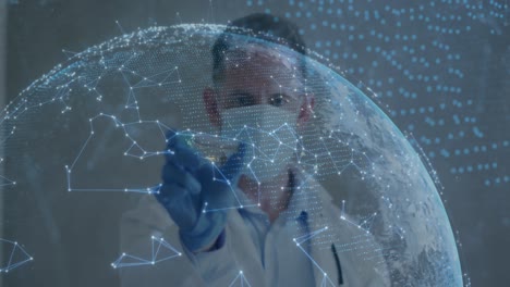 Animation-of-net-of-connections-and-globe-with-scientist-holding-covid-19-vaccine-wearing-face-masks