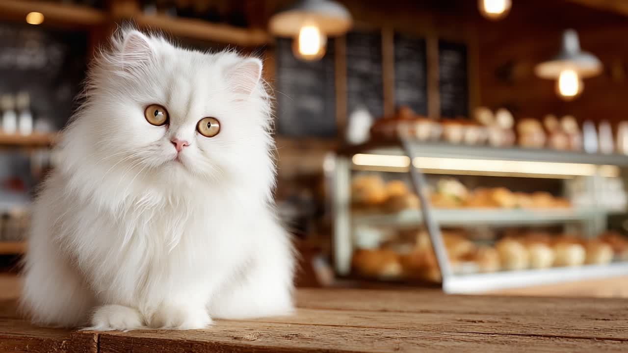 Charmerende hvid perserkat slapper af på en hyggelig café, omgivet af friskbagte varer og en varm, indbydende atmosfære.