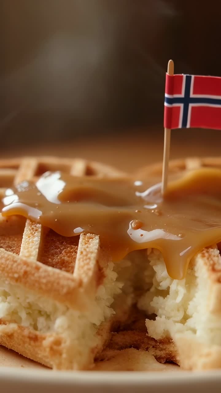 Vídeo vertical: câmera panorâmica subindo e revelando waffle de caramelo em um prato na cozinha com foco na bandeira da Noruega