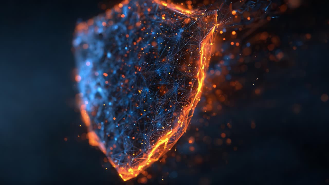Eine beeindruckende Visualisierung einer dynamischen 3D-Schildformation mit leuchtenden Kanten, die Technologie und digitale Sicherheit in einer futuristischen Umgebung darstellt