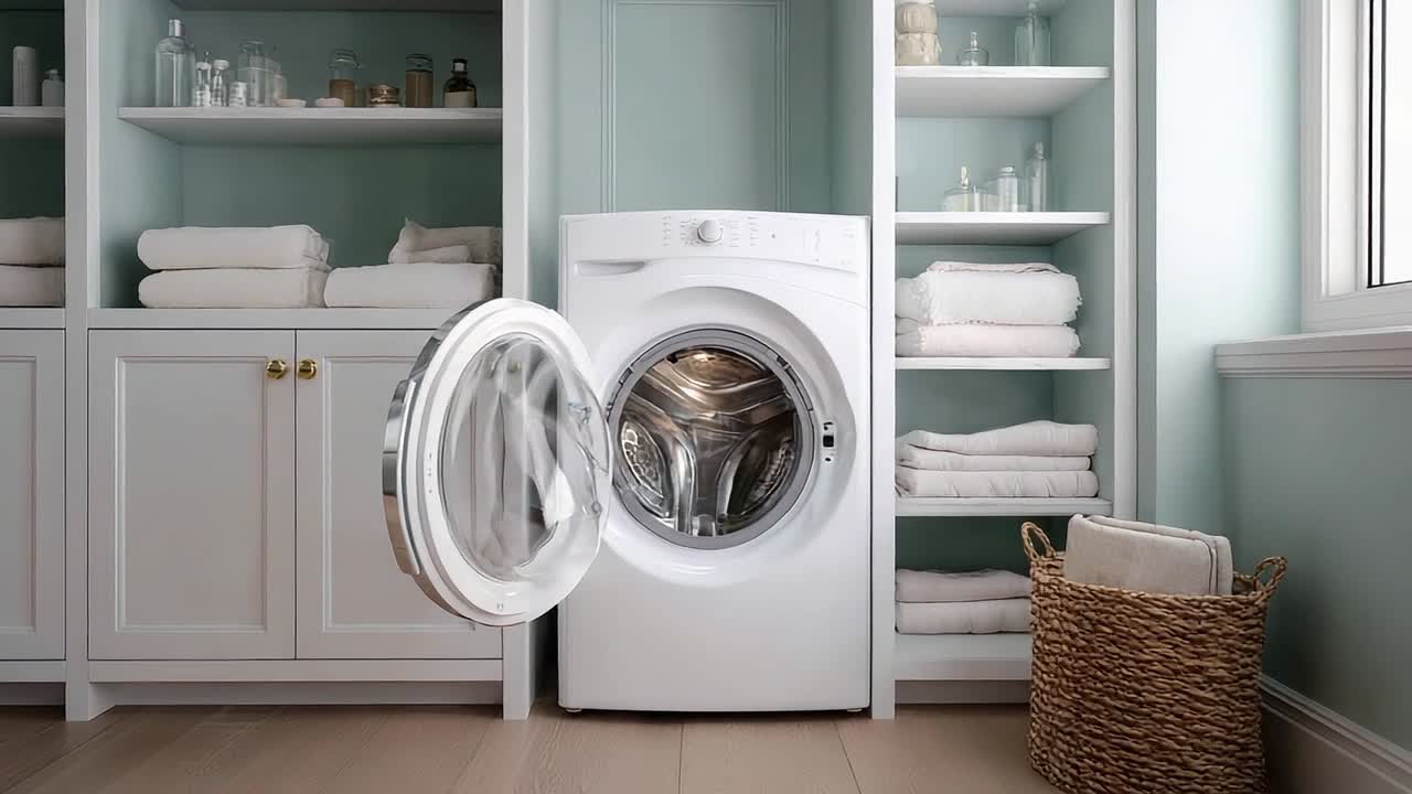 Washing machine in a bright laundry room with neatly folded towels
