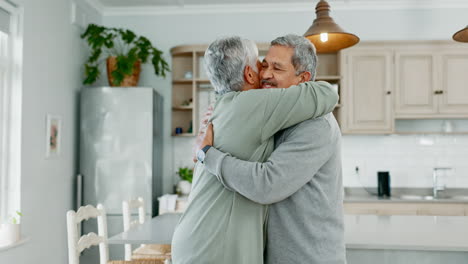 senior couple, hug and kiss in home for love