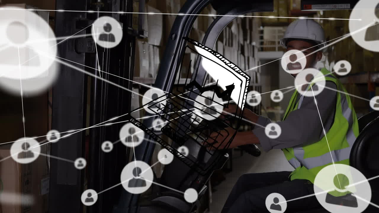 animación de gráfico vectorial y portátil, iconos conectados sobre hombre afroamericano conduciendo carretilla elevadora.