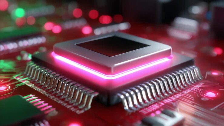 Nærbillede af en højteknologisk mikrochip på et motherboard med livlige lys og indviklede kredsløb, der viser den avancerede teknologi og det avancerede design i moderne elektroniske enheder