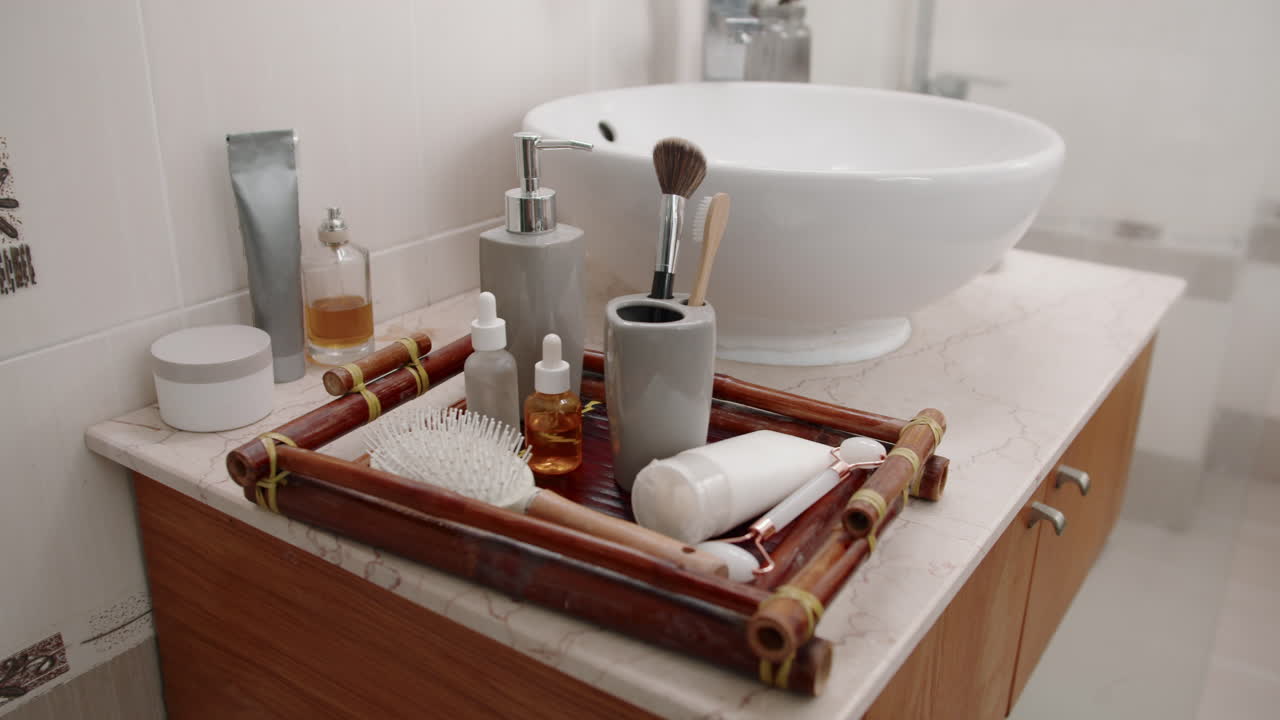 Tray with Beauty Products in Bathroom
